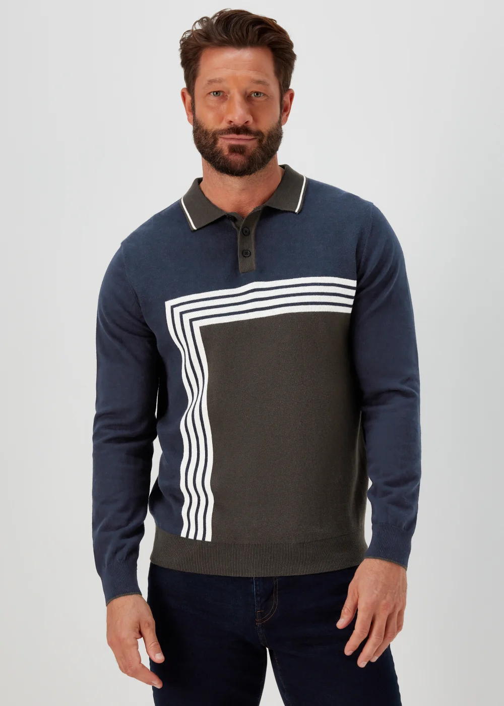 Khaki Block Print Long Sleeve Polo Shirt - S Image 1