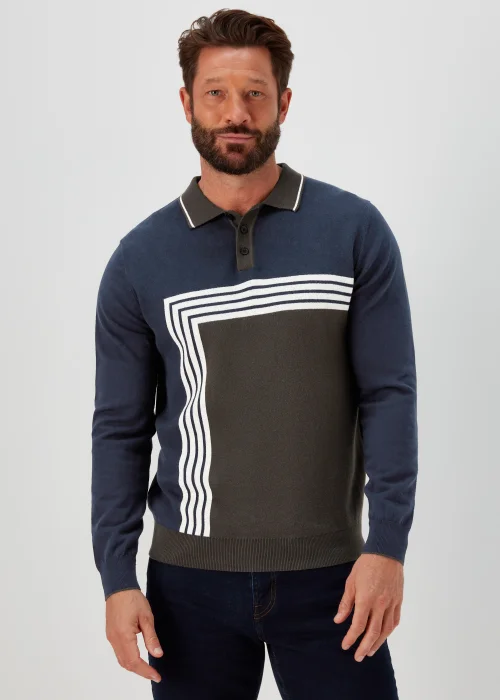 Khaki Block Print Long Sleeve Polo Shirt - S Image 1