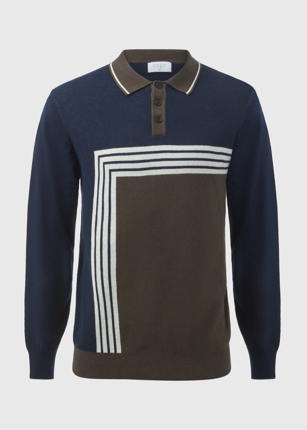 Khaki Block Print Long Sleeve Polo Shirt - S Image 5