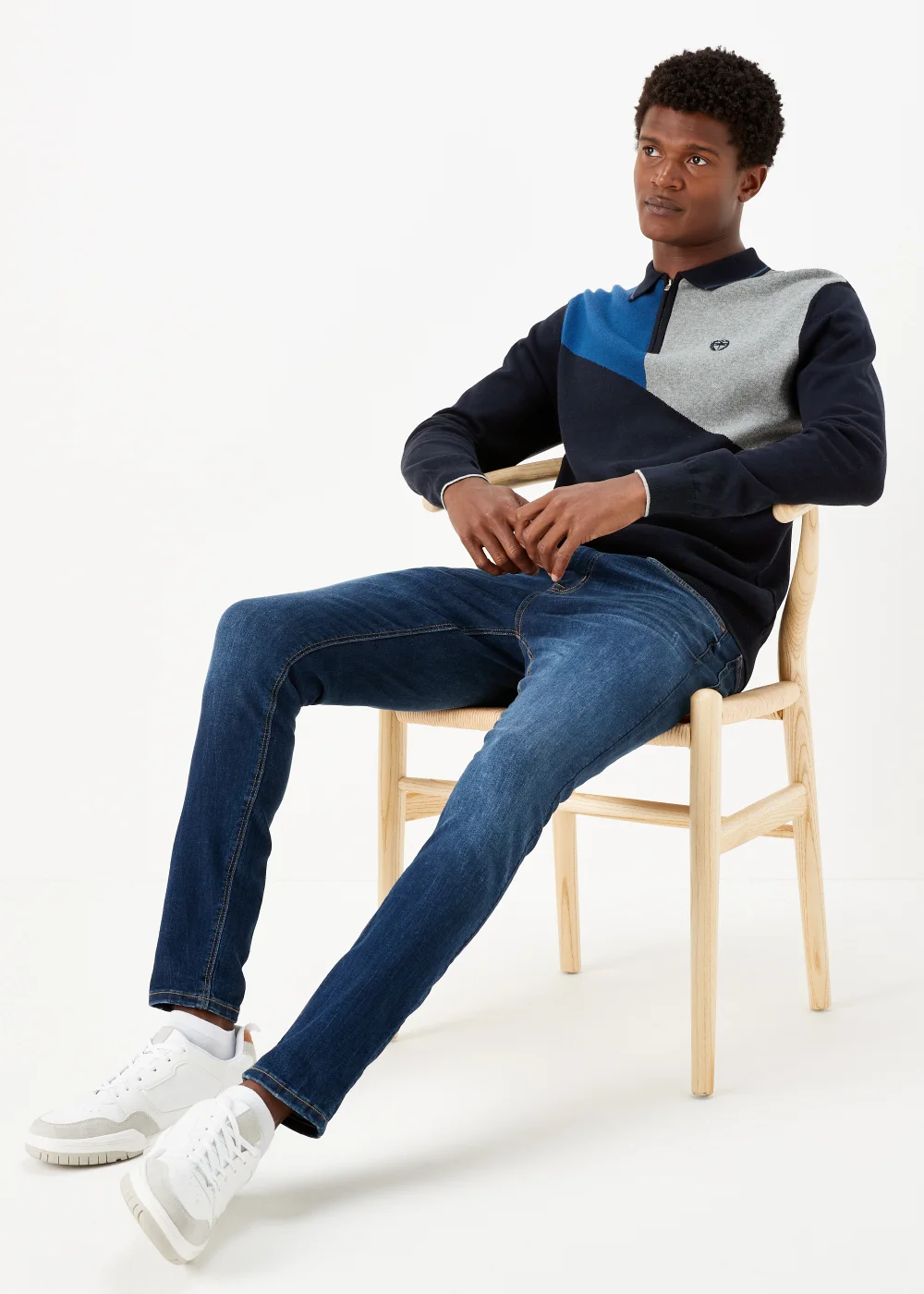 Cobalt Blue Colour Block Zip Up Long Sleeve Polo Shirt - S Image 4