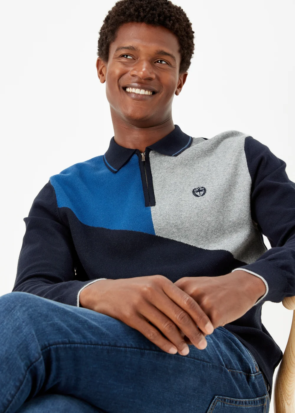 Cobalt Blue Colour Block Zip Up Long Sleeve Polo Shirt - S Image 3