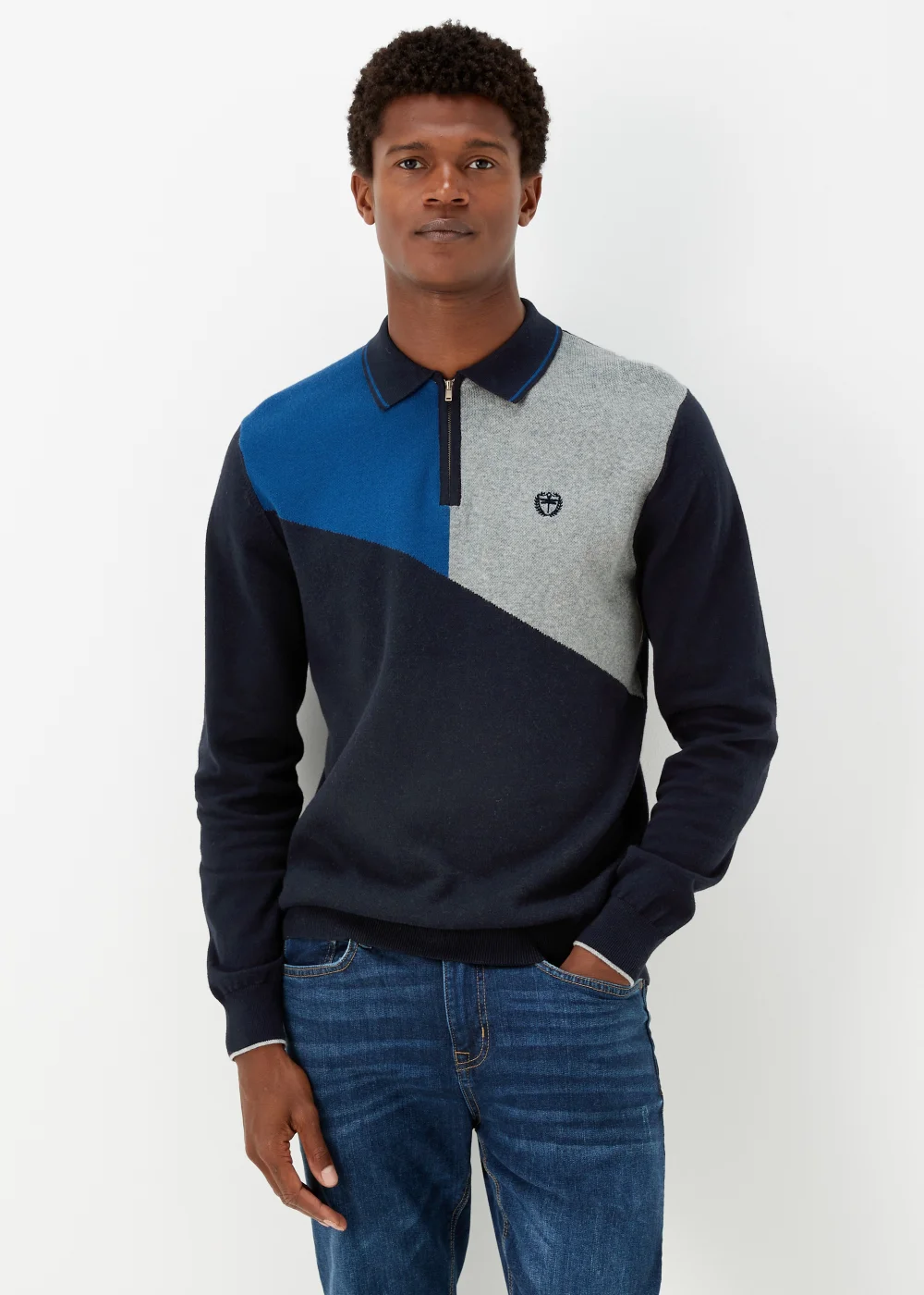 Cobalt Blue Colour Block Zip Up Long Sleeve Polo Shirt - S Image 1