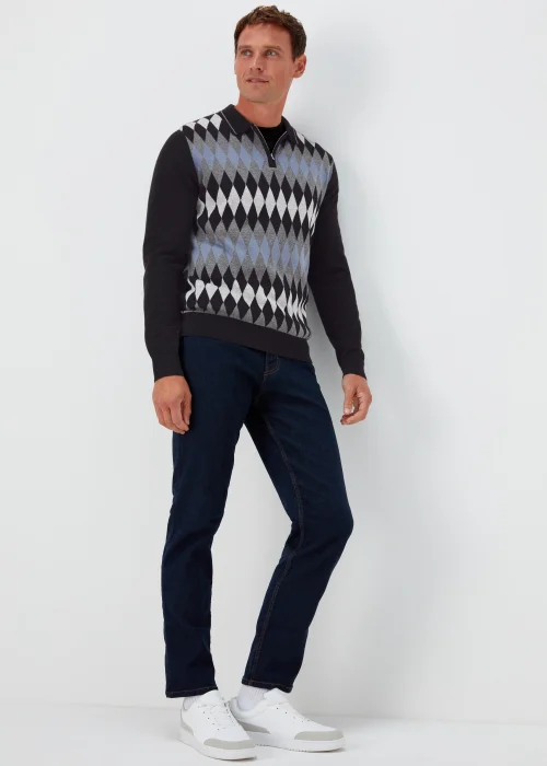 Grey Argyle Print Long Sleeve Zip Up Polo Shirt - S Image 4