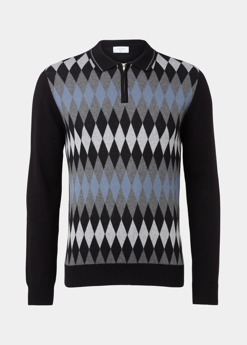 Grey Argyle Print Long Sleeve Zip Up Polo Shirt - S Image 5