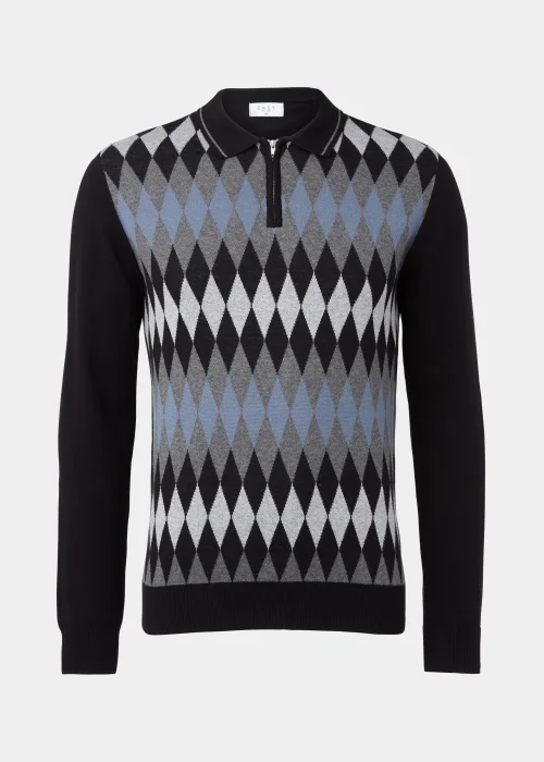 Grey Argyle Print Long Sleeve Zip Up Polo Shirt - S Image 5