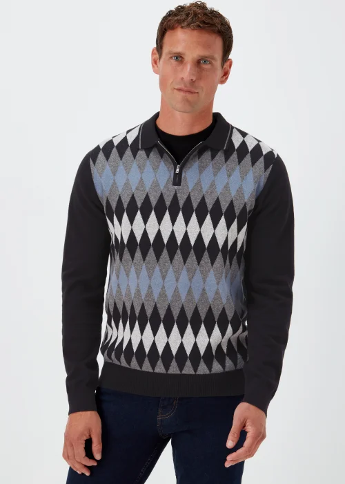 Grey Argyle Print Long Sleeve Zip Up Polo Shirt - S Image 1