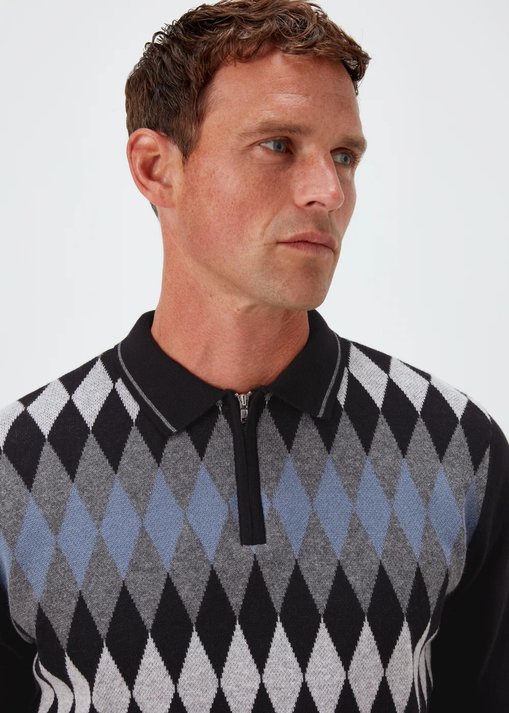 Grey Argyle Print Long Sleeve Zip Up Polo Shirt - S Image 3