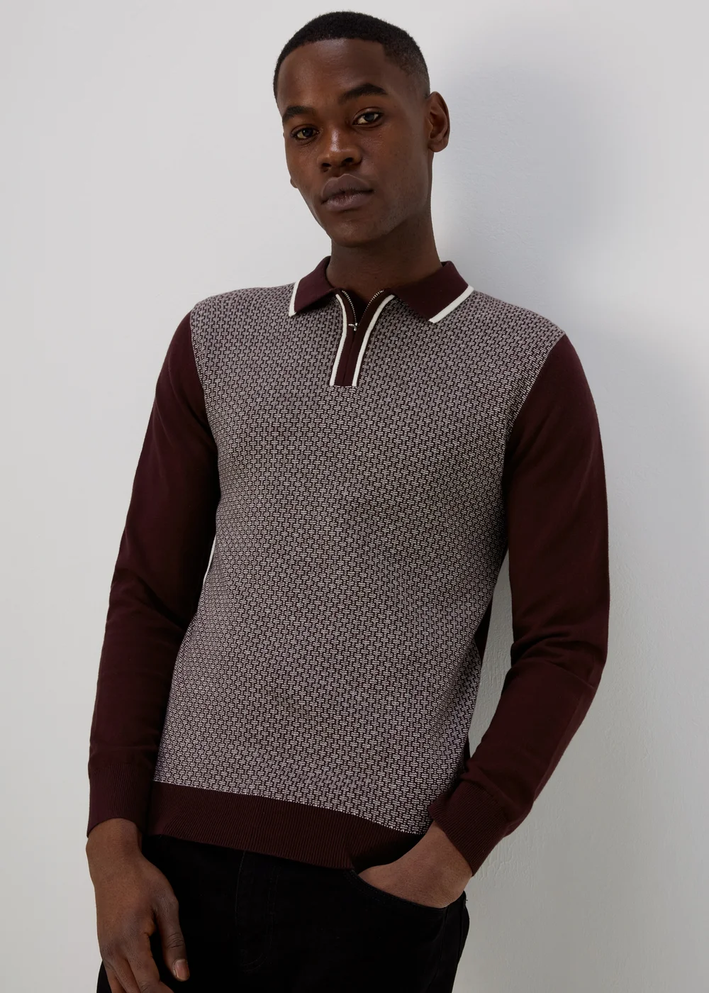 Burgundy Geometric Print Long Sleeve Zip Up Polo Shirt - S Image 1