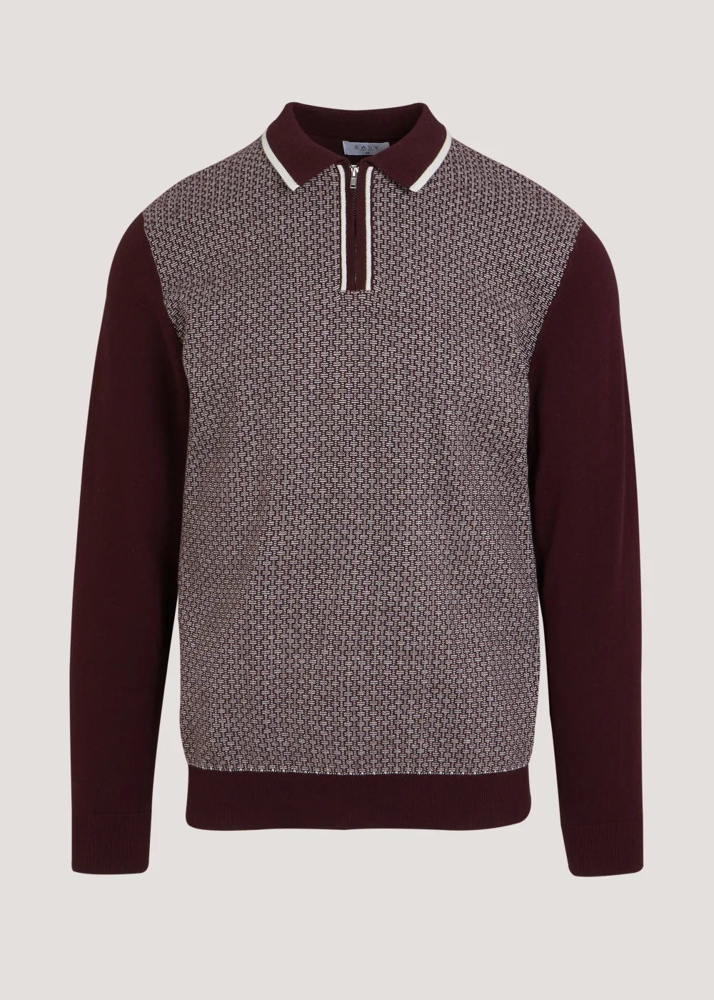 Burgundy Geometric Print Long Sleeve Zip Up Polo Shirt - S Image 5