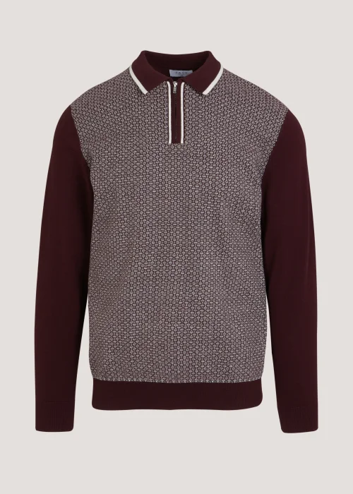 Burgundy Geometric Print Long Sleeve Zip Up Polo Shirt - S Image 5