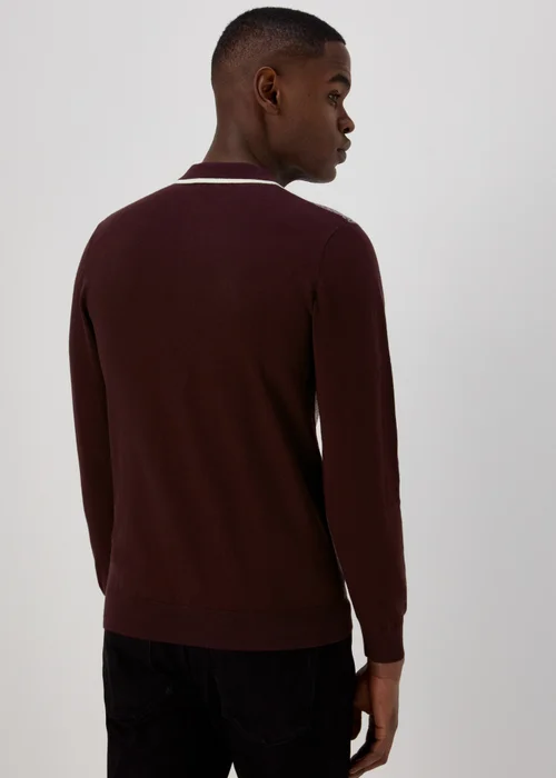 Burgundy Geometric Print Long Sleeve Zip Up Polo Shirt - S Image 2