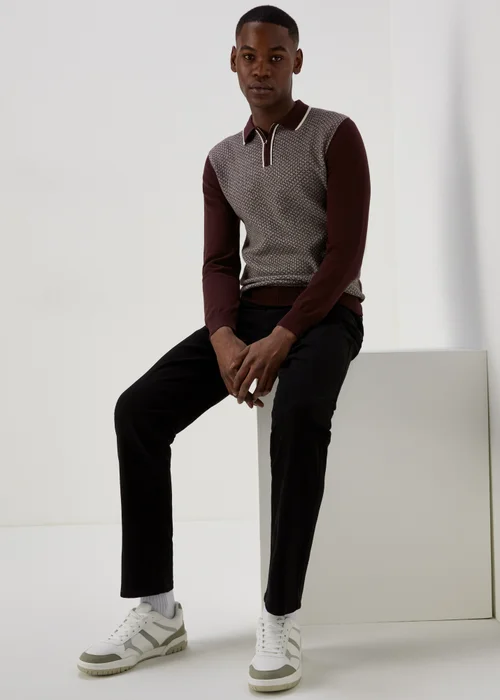 Burgundy Geometric Print Long Sleeve Zip Up Polo Shirt - S Image 4