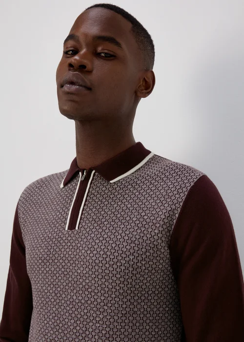 Burgundy Geometric Print Long Sleeve Zip Up Polo Shirt - S Image 3