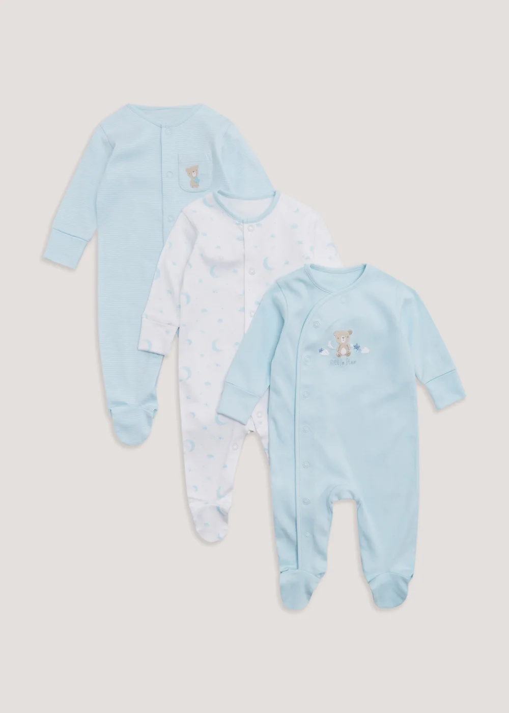 Baby 3 Pack Blue Layette Sleepsuit (Tiny Baby-18mths) - Tiny Baby Image 1