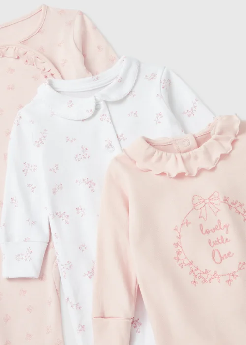 Baby 3 Pack Pink Sleepsuits (Tiny Baby-18mths) - Tiny Baby Image 2
