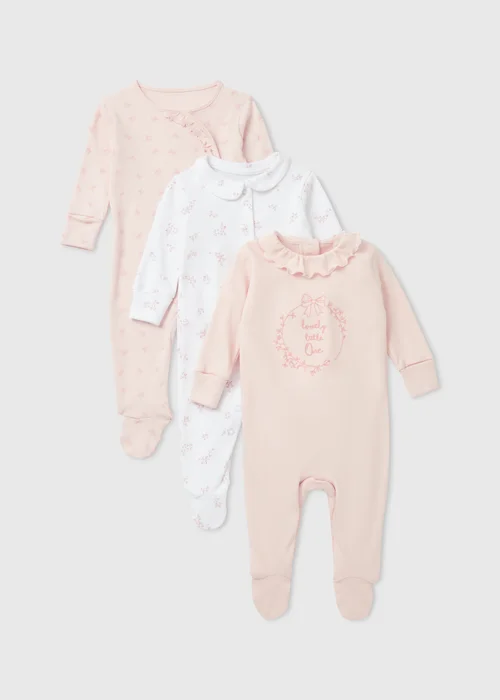 Baby 3 Pack Pink Sleepsuits (Tiny Baby-18mths) - Tiny Baby Image 1