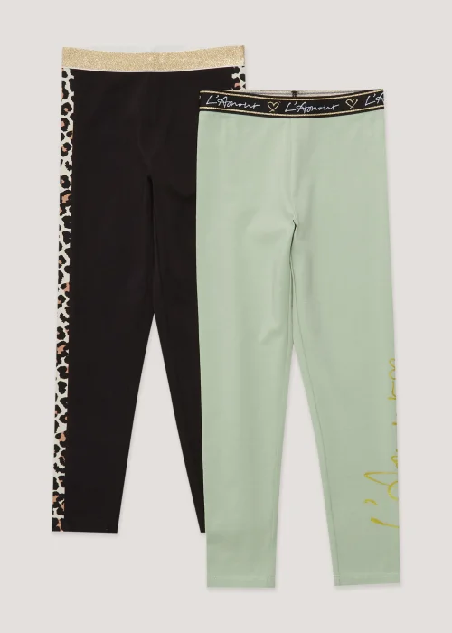 Girls 2 Pack Khaki Sassy Glitter Print Leggings (4-13yrs) - Age 4 Years Image 1