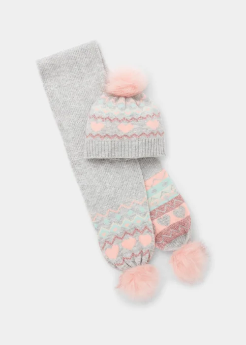 Kids 2 Pack Heart Knitted Bobble Hat & Scarf Set (3-10yrs) - Age 7-10 Years Image 1