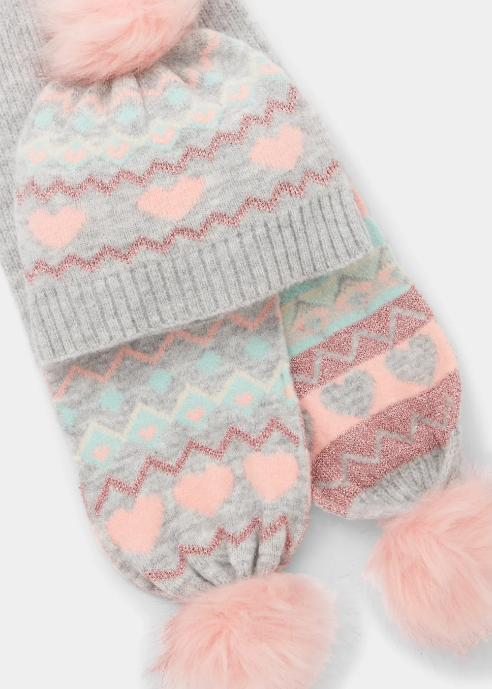 Kids 2 Pack Heart Knitted Bobble Hat & Scarf Set (3-10yrs) - Age 7-10 Years Image 2