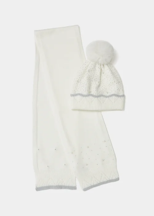 Girls 2 Piece White Pearl Heat Seal Hat & Scarf Set (7-10yrs) - Age 7-10 Years Image 1