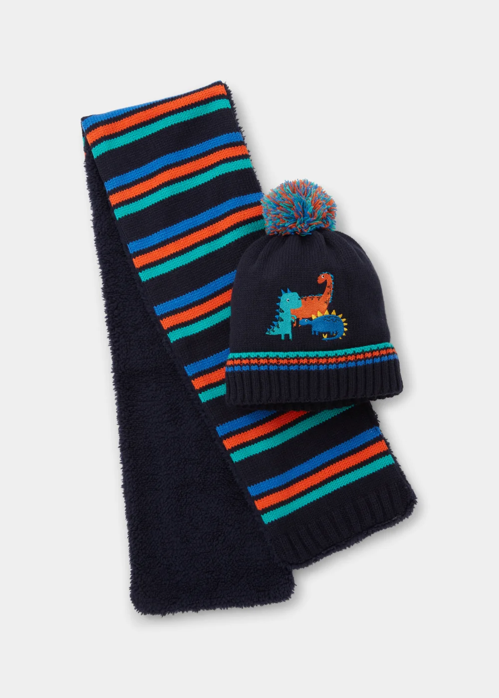 Kids 2 Piece Navy Dinosaur Knitted Bobble Hat & Scarf Set (3-6yrs) - Age 3 - 6 Years Image 1