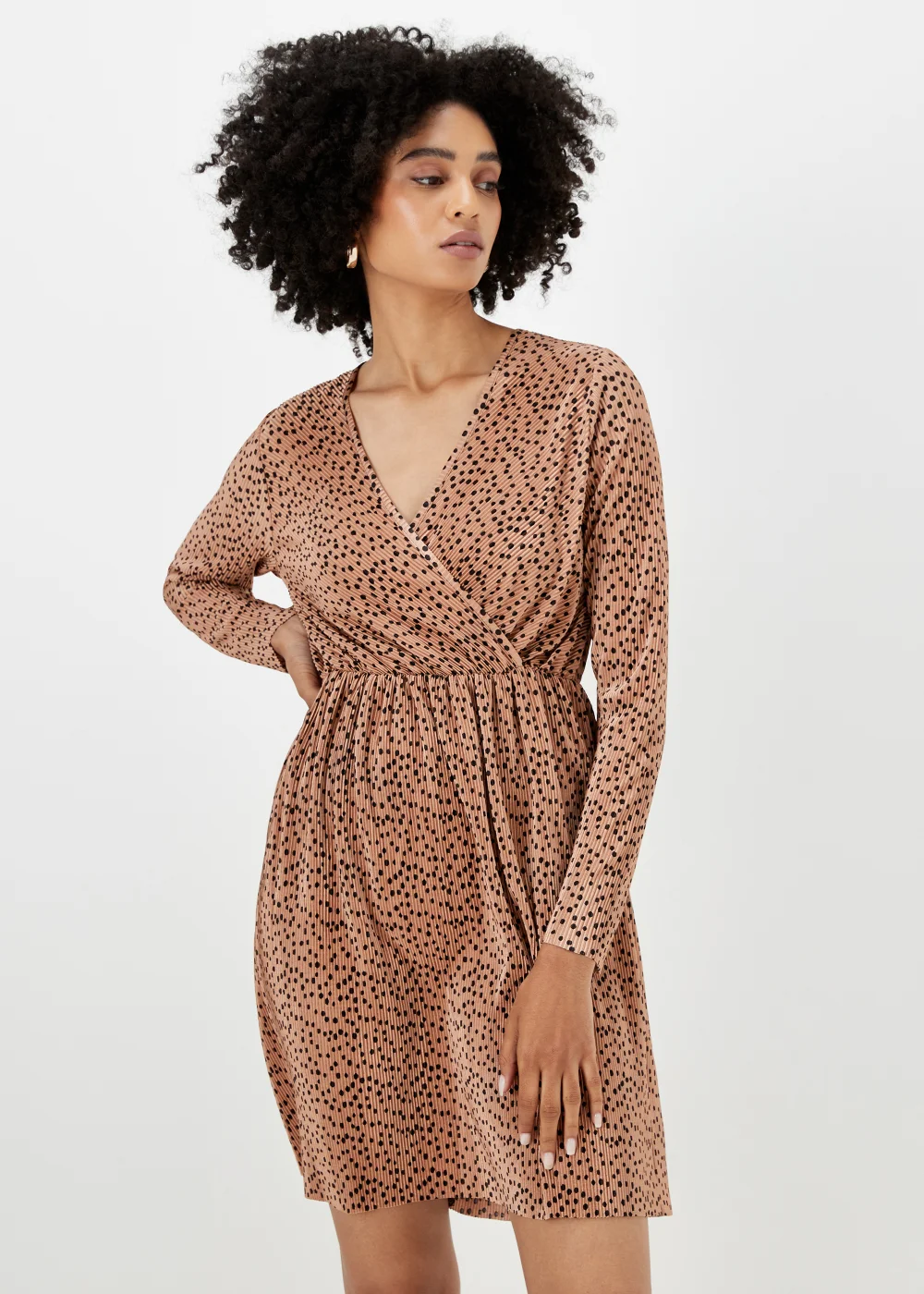 Beige Spot Plisse Mini Dress - 8 Image 1