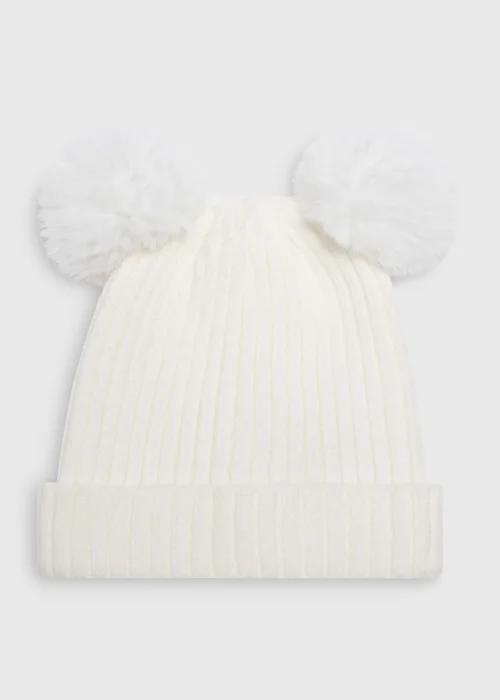 Cream Double Pom Pom Baby Beanie Hat (Newborn-2yrs) - Age 0 - 3 Months Image 1