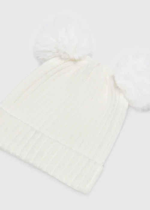 Cream Double Pom Pom Baby Beanie Hat (Newborn-2yrs) - Age 0 - 3 Months Image 2