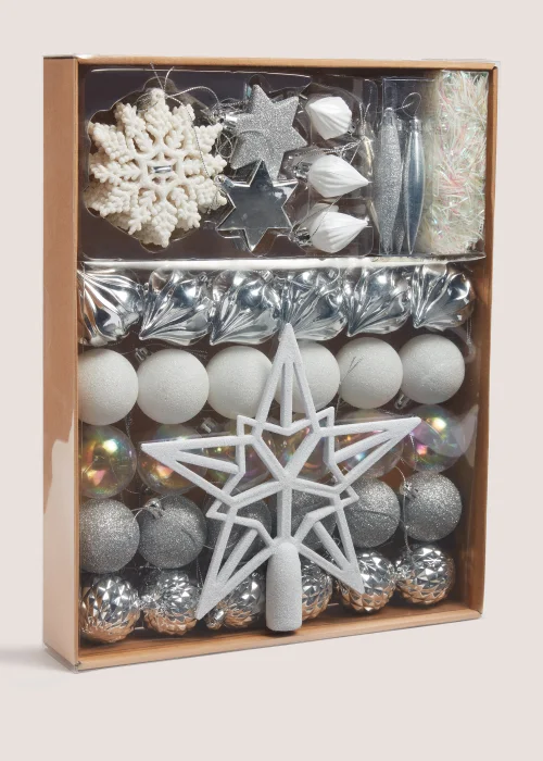 60 Piece Silver & White Christmas Tree Set Image 1