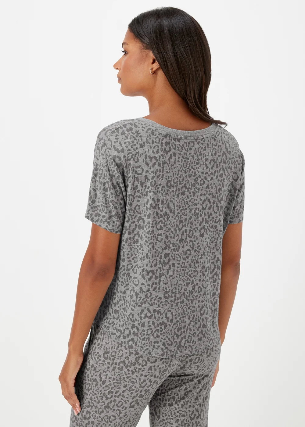 Grey Marl Animal Print Pyjama Top - Small Image 2