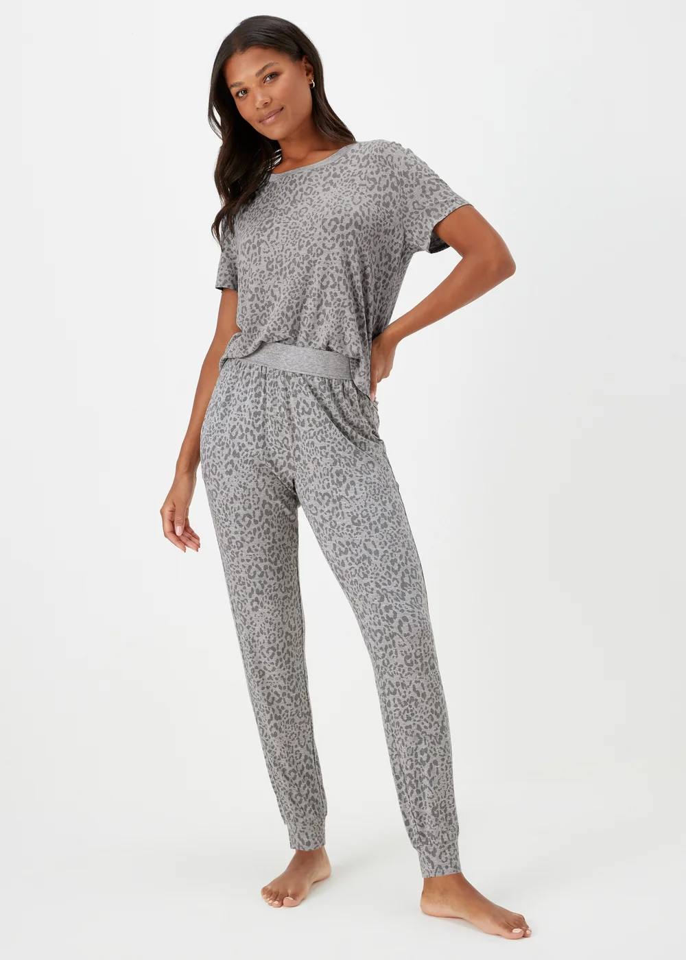 Grey Marl Animal Print Pyjama Bottoms - Small Image 1