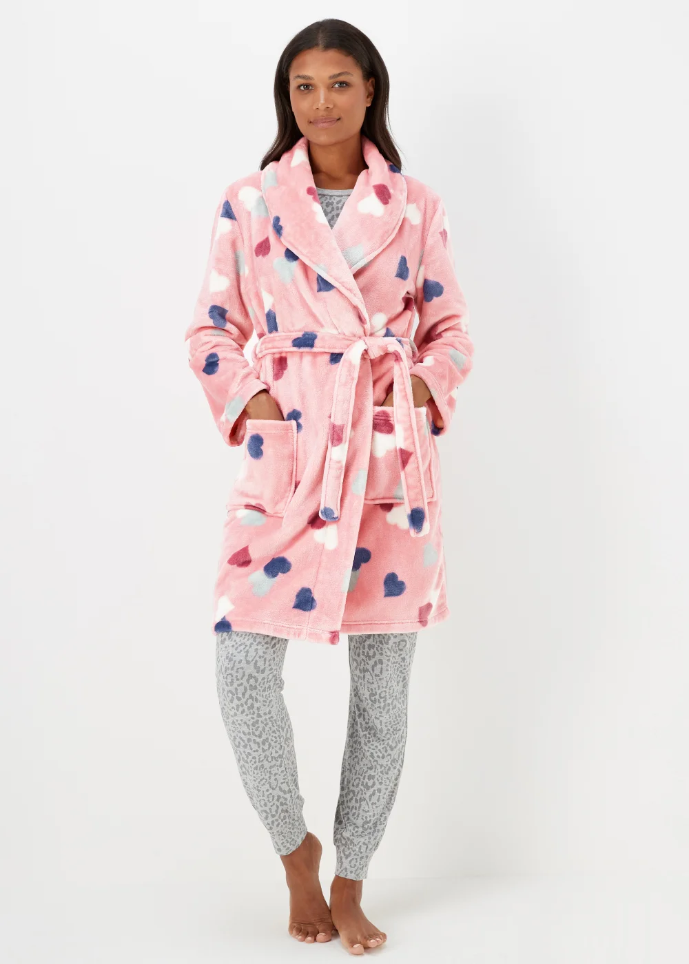 Pink Heart Print Fleece Dressing Gown - Extra small Image 1