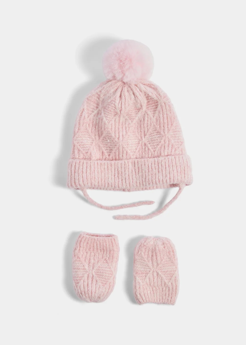2 Piece Pink Diamond Baby Trapper Hat & Mittens Set (Newborn-2yrs) - Age 0 - 3 Months Image 1
