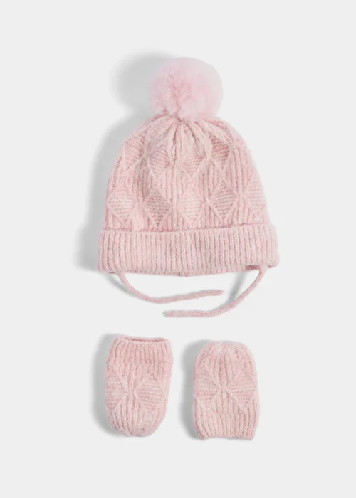 2 Piece Pink Diamond Baby Trapper Hat & Mittens Set (Newborn-2yrs) - Age 0 - 3 Months Image 1