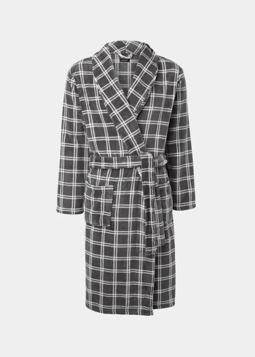 Grey Check Print Coral Fleece Dressing Gown - Small Image 4