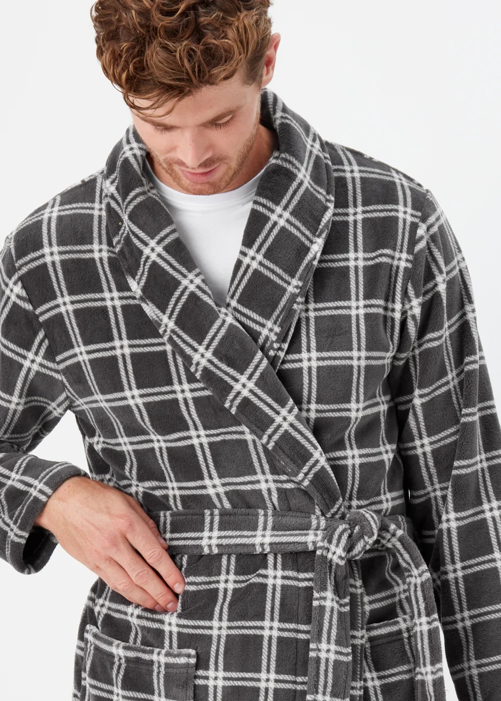Grey Check Print Coral Fleece Dressing Gown - Small Image 3