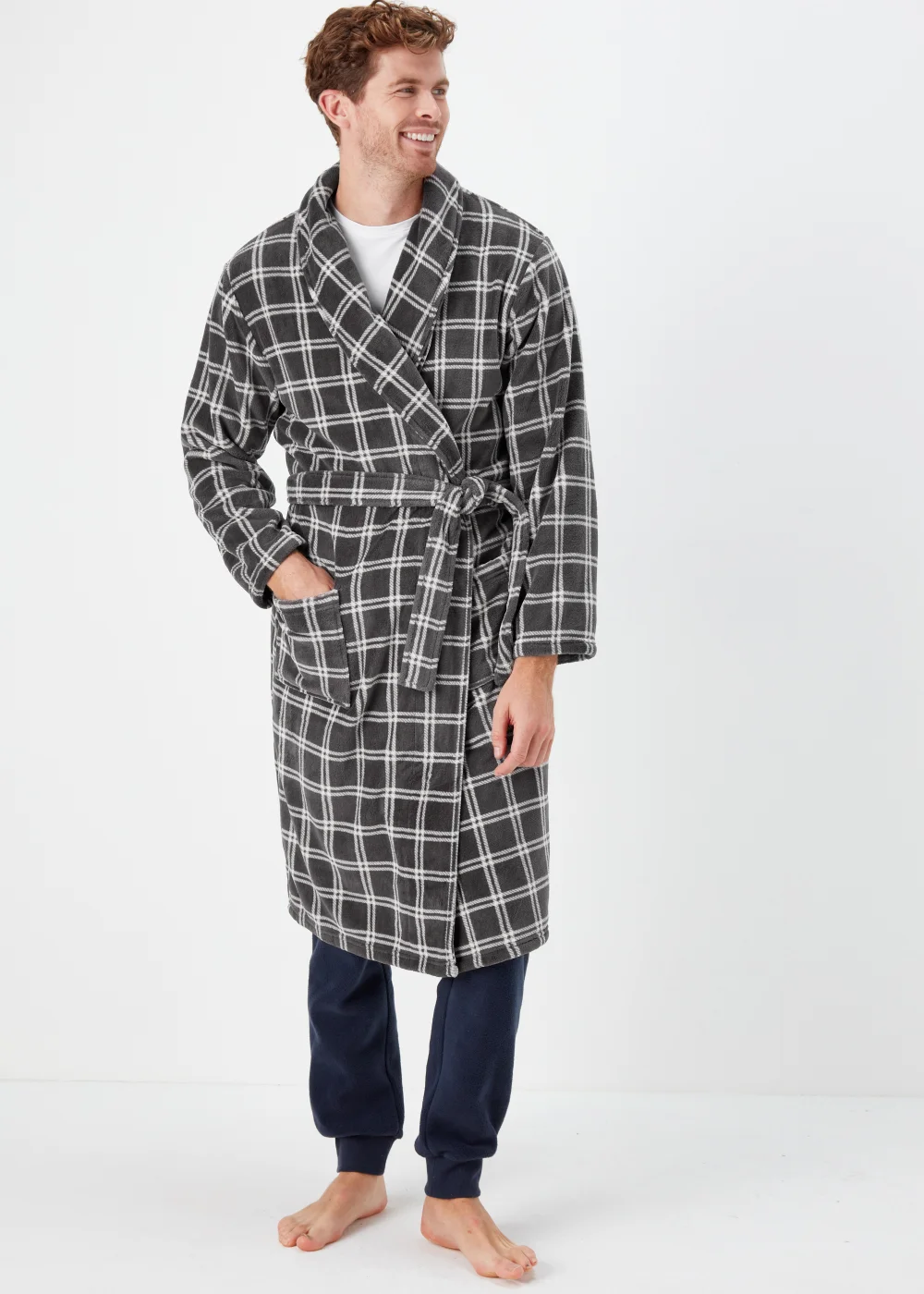 Grey Check Print Coral Fleece Dressing Gown - Small Image 1