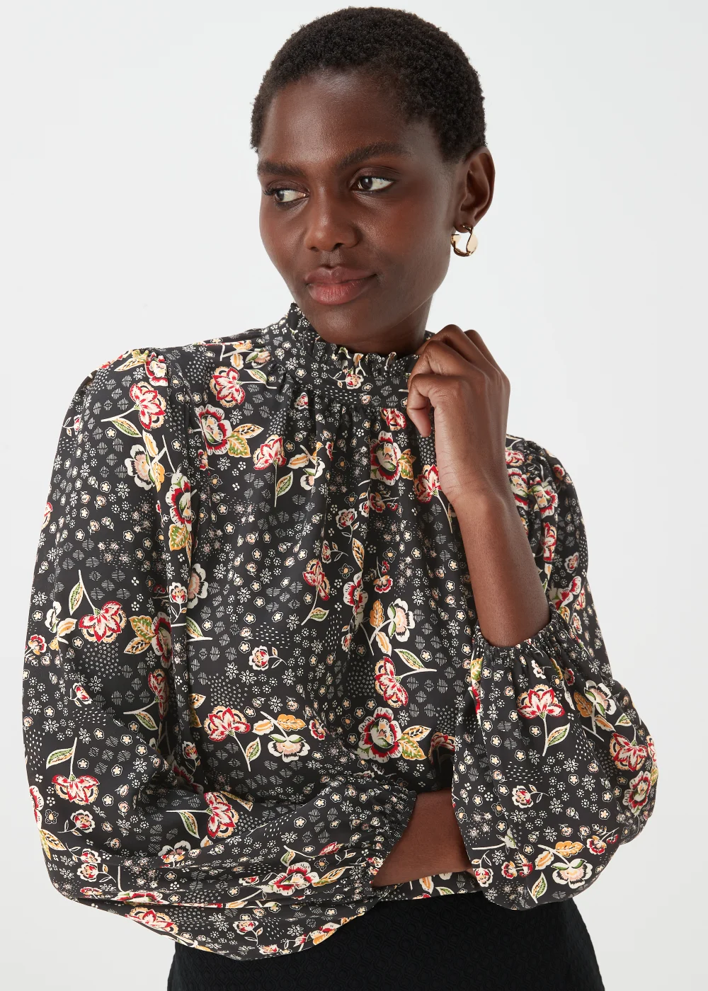 Black Floral Print High Neck Blouse - 8 Image 3
