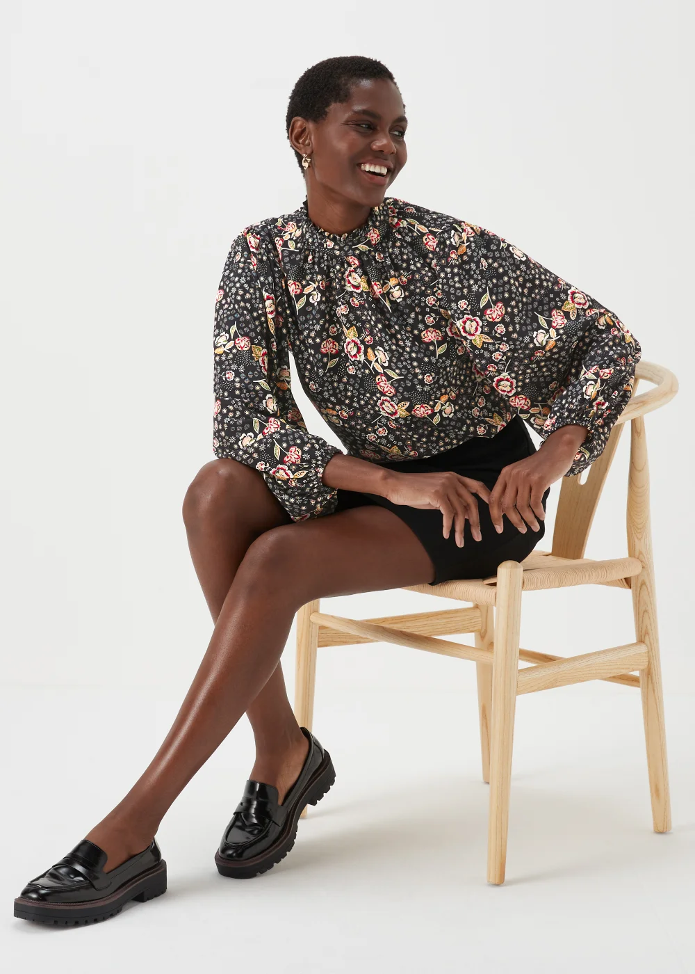 Black Floral Print High Neck Blouse - 8 Image 4