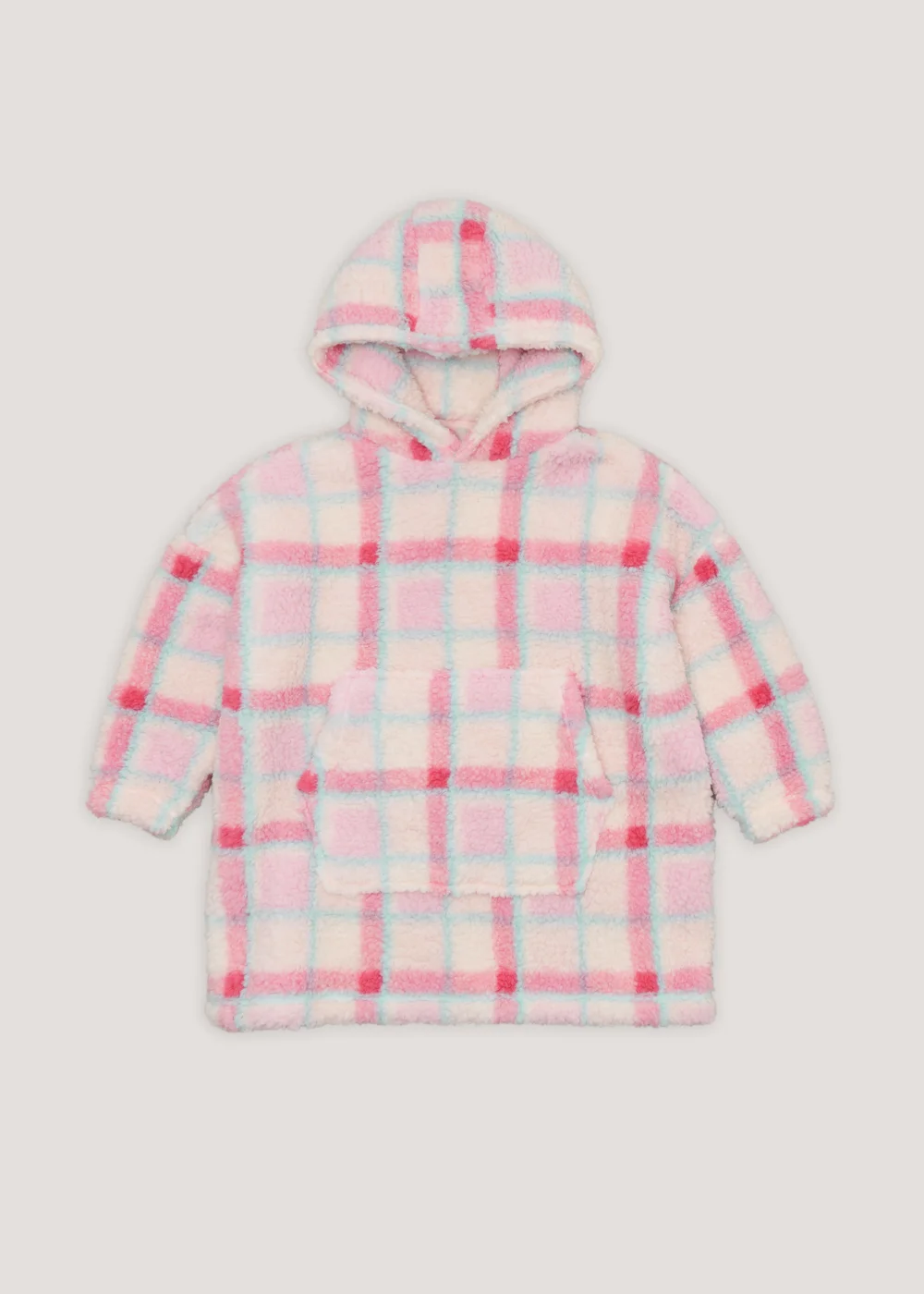 Girls Pink Check Borg Snuggle Hoodie (4-13yrs) - Small/Medium Image 1