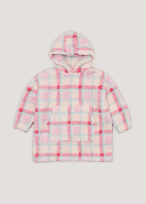 Girls Pink Check Borg Snuggle Hoodie (4-13yrs) - Small/Medium Image 1