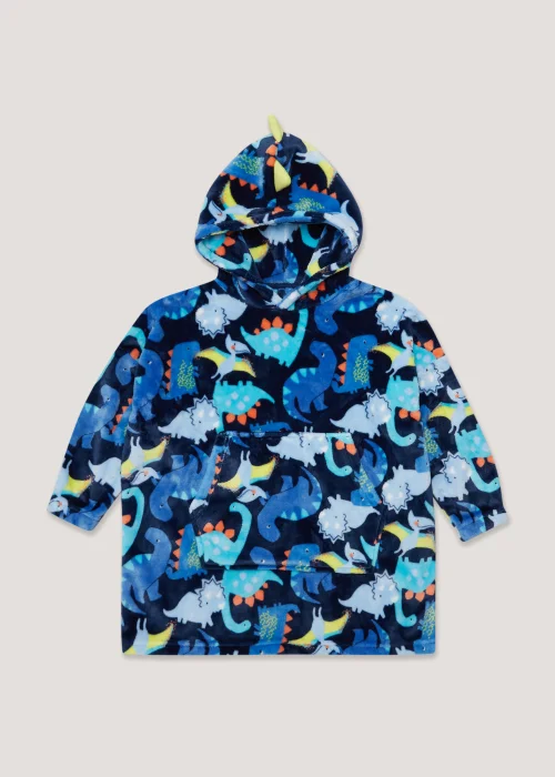 Boys Blue Dinosaur Print Snuggle Hoodie (4-13yrs) - Small/Medium Image 1