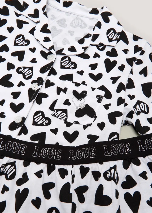 Girls Black & White Heart Print Short Pyjama Set - Age 4 Years Image 2