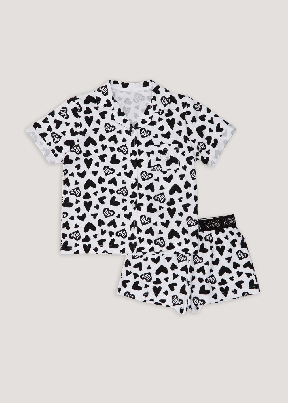 Girls Black & White Heart Print Short Pyjama Set - Age 4 Years Image 1