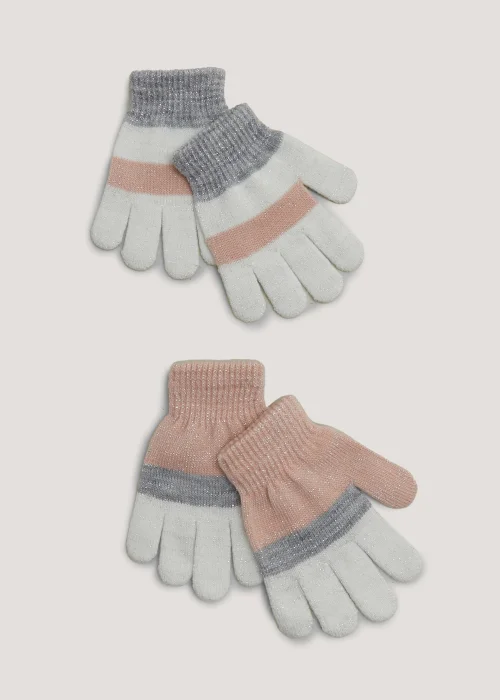 Girls 2 Pack Pink & Cream Stripe Gloves - One Size Image 1