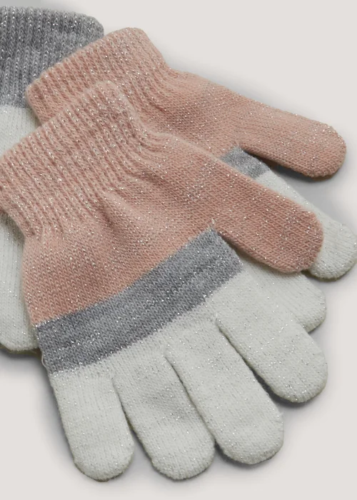 Girls 2 Pack Pink & Cream Stripe Gloves - One Size Image 2