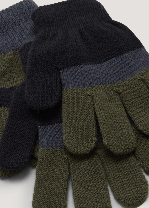 Boys 2 Pack Navy & Khaki Stripe Magic Gloves - One Size Image 2