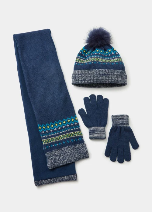 Boys 3 Piece Navy Fairisle Print Hat Scarf & Gloves Set - Age 3 - 6 Years Image 1
