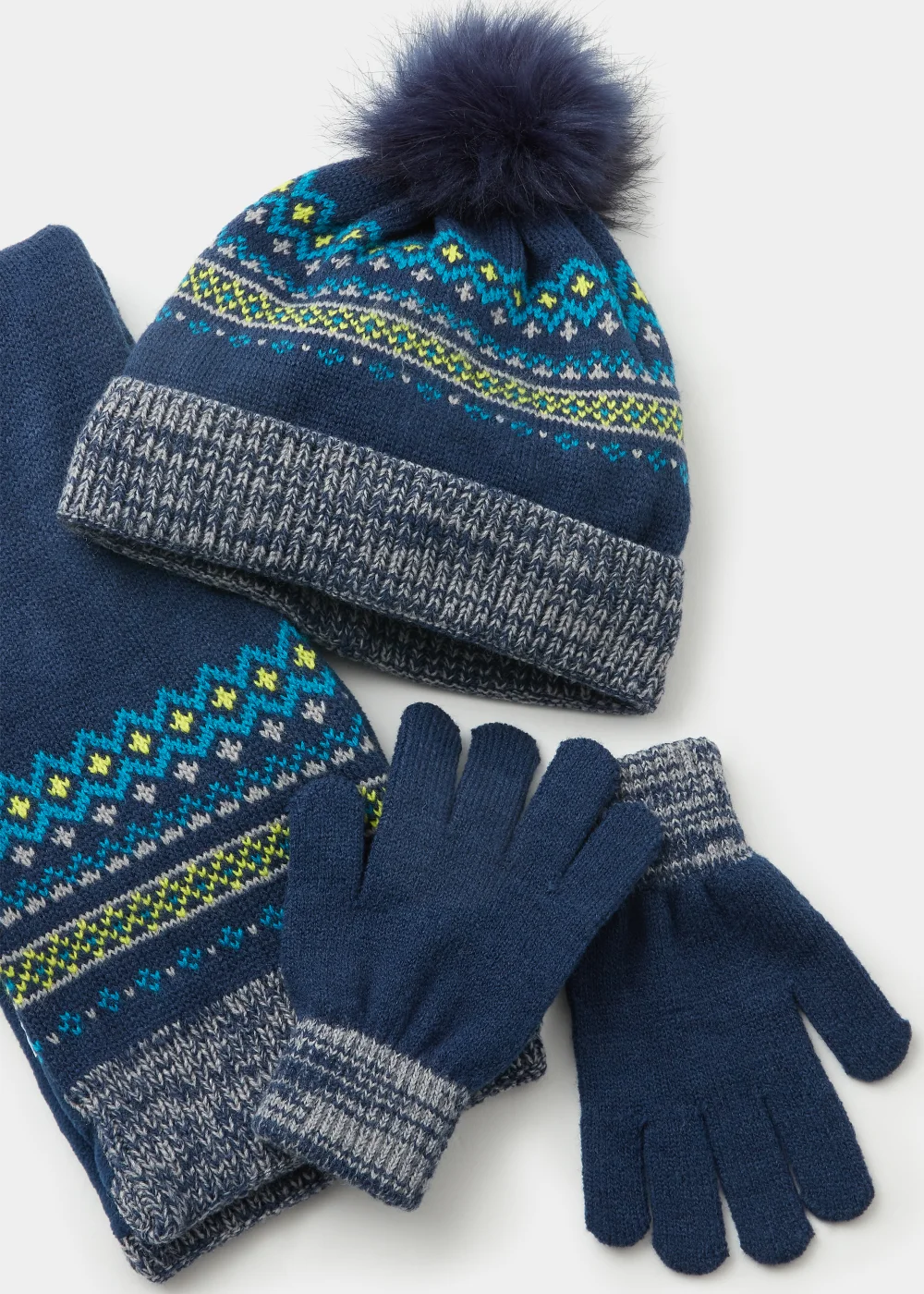 Boys 3 Piece Navy Fairisle Print Hat Scarf & Gloves Set - Age 3 - 6 Years Image 2
