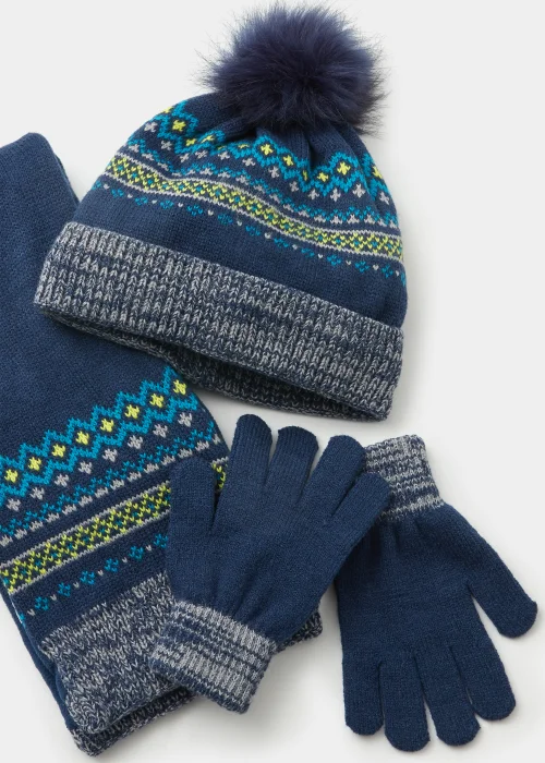 Boys 3 Piece Navy Fairisle Print Hat Scarf & Gloves Set - Age 3 - 6 Years Image 2